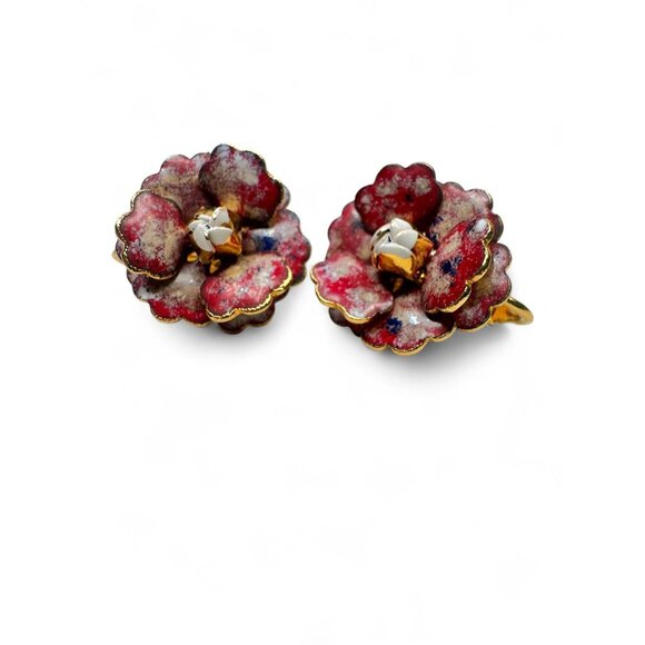 Vintage Red Green Enameled Layered Flower Brooch Clip-On Earrings Set - Picture 6 of 12